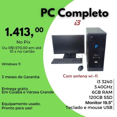 PC i3 completo 6GB + 120GB de SSD + monitor 19.5? + teclado e mouse USB- Com Garantia e pa