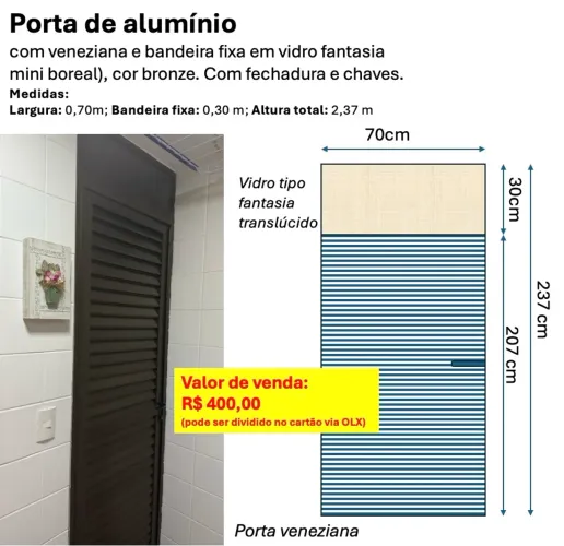 Porta de alumínio com veneziana e bandeira fixa em vidro fantasia mini boreal