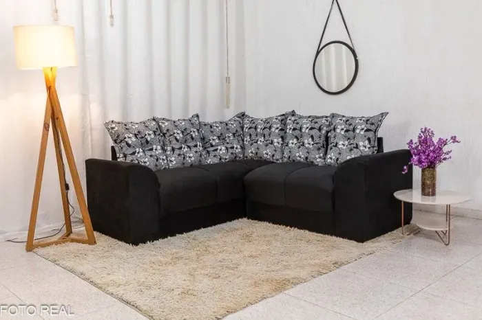 Sofá de Canto 5 Lugares Veludinho Preto