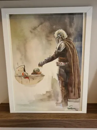 Arte Original Mandalorian e Grogu de Renato Dalmaso (Aquarela tamanho A3)
