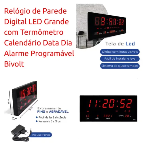 Relógio de Parede Digital LED Grande com Termômetro