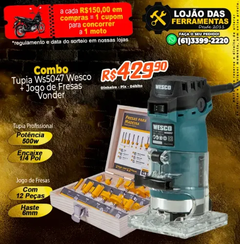 Combo Tupia 500w Wesco + Jogo de Fresas 12 Peças Vonder
