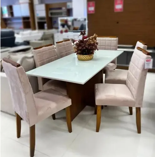 Conjunto de Mesa com 6 Cadeiras tampo com vidro e cadeiras em madeira maciça 