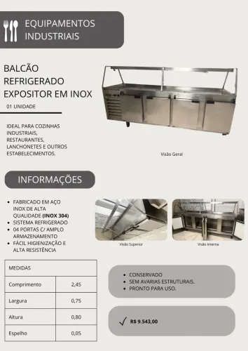 Balcão Refrigerado Expositor em Inox - 4 Portas