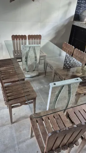 Mesa de Jantar em Madeira Cerejeira com Tampo de Mármore e Vidro + 10 Cadeiras
