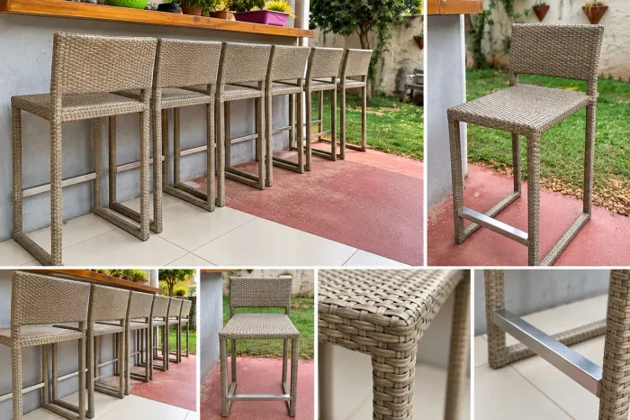 5 Banquetas Green House - Aço Inox e Palha Sintética