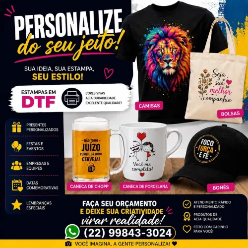 Ecobags, capa de almofadas, camisas, bonés, chaveiros, canecas personalizadas