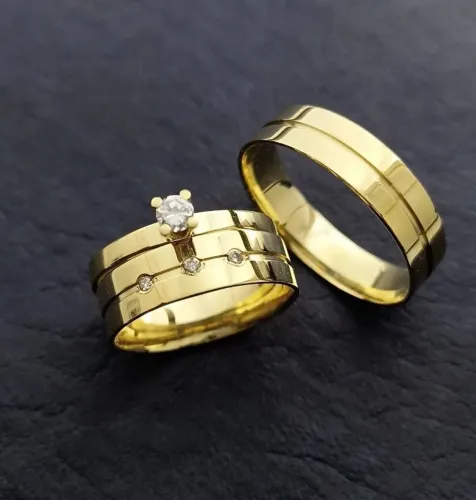 Par de aliança mais solitário em Ouro 18k 