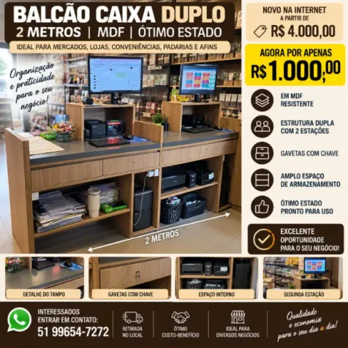 Balcão Caixa Duplo MDF 2 Metros para Loja e Mercado