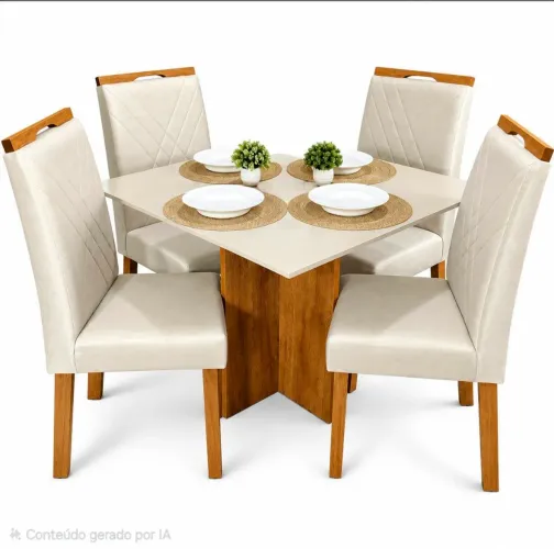 Mesa de Jantar Salinas Off White 90x90cm com 4 Cadeiras (Nova, nunca usado)