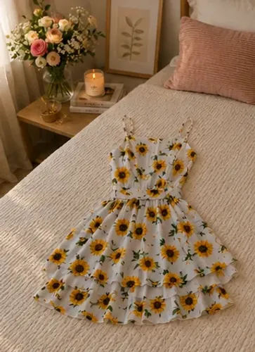 Vestido curto com estampa de girassol