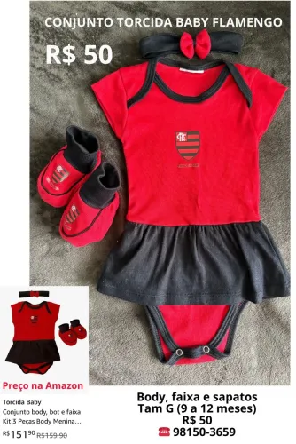 Conjunto Torcida Baby (Body, faixa e sapatos). Tam G (9 a 12 meses)