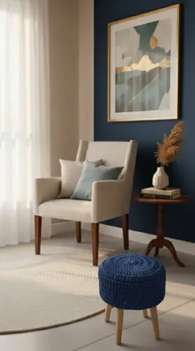 Puff de Crochê Tok&Stok Azul - Pés Palito em Madeira