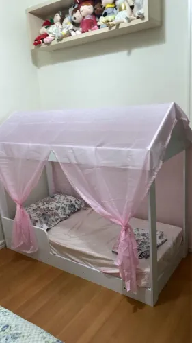 Cama Infantil Montessori Casinha + Colchão + Voal Rosa
