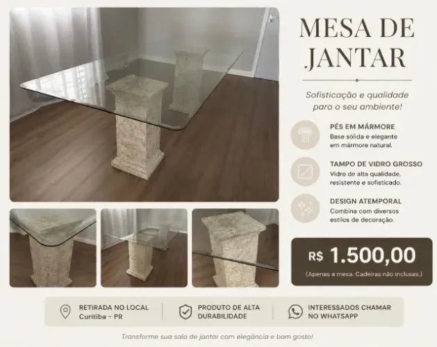 Mesa de jantar com pés em Mármore - 2,20 x 1,10