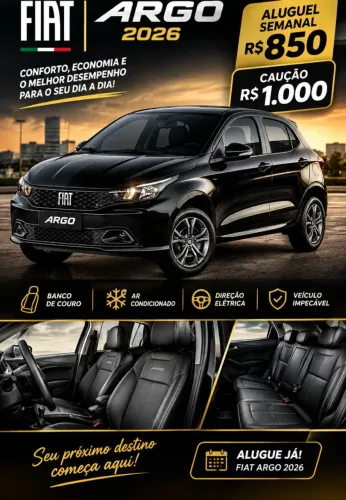 Alugo Fiat Argo 2026 preto, R$4000km, banco de couro, kit multimídia, novíssimo