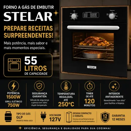 Forno a Gás de Embutir Stelar 55L GLP 127V com Grill Elétrico - Novo