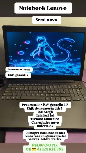 Notebook i5 8ª geração,12gb de memória,SSD 512gb, tela Full hd com garantia