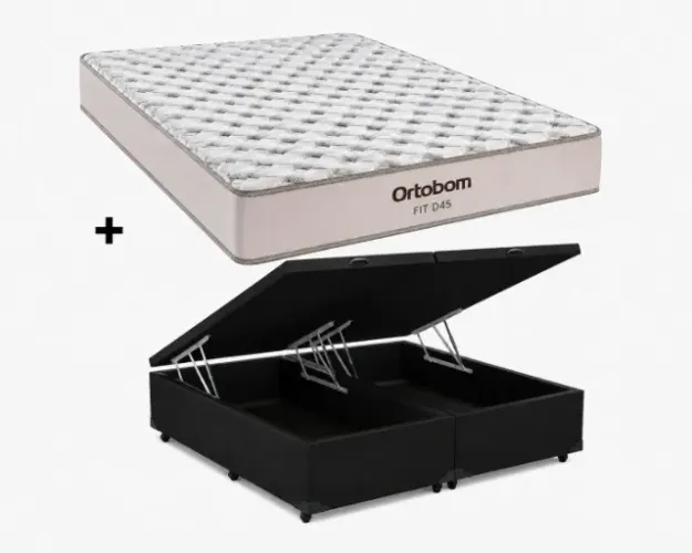 BAU QUEEN BIPARTIDO CORINO PRETO + COLCHÃO FIT ESPUMA D45 ORTOBOM