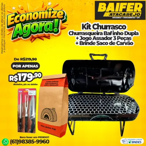 Kit Churrasqueira Bafinho Dupla + Jogo Assador 3 Peças + Brinde Saco de Carvão