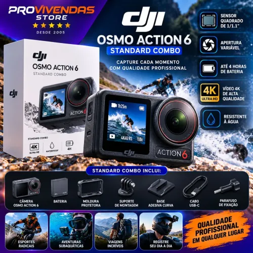 DJI Osmo Action 6 Standard Combo 4K Sensor 1/1.1" Abertura Variável Bateria Até 4 Horas<br>
