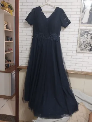 Vestido Formatura / Festa Renda e Tule com Glitter - Extra G - Azul Marinho