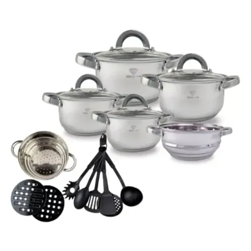Jogo De Panelas 19 Peças Inox Genebra Antiaderente Tampa De Vidro