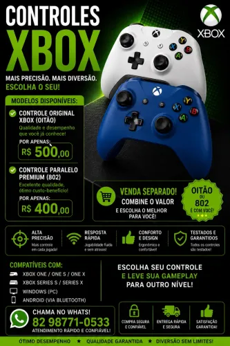 ? CONTROLES XBOX - ORIGINAL (OITÃO) R$ 500 | PARALELO (802) R$ 400 | VENDA SEPARADA ?