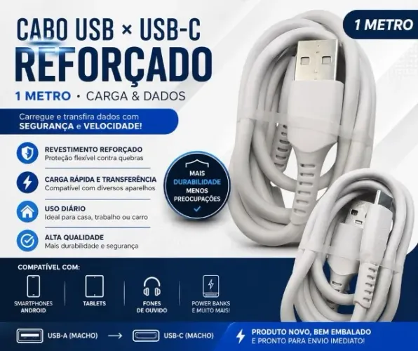 Cabo USB × USB-C reforçado de 1 metro - carga & dados (branco) p/ telefone celular Samsung