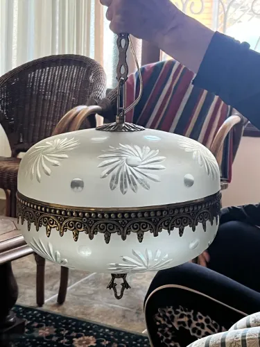 Lustre Pendente Antigo Vidro Lapidado e Bronze Anos 50/60 - 43cm