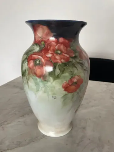 Vaso grande flores papoulas em porcelana pintado á mão