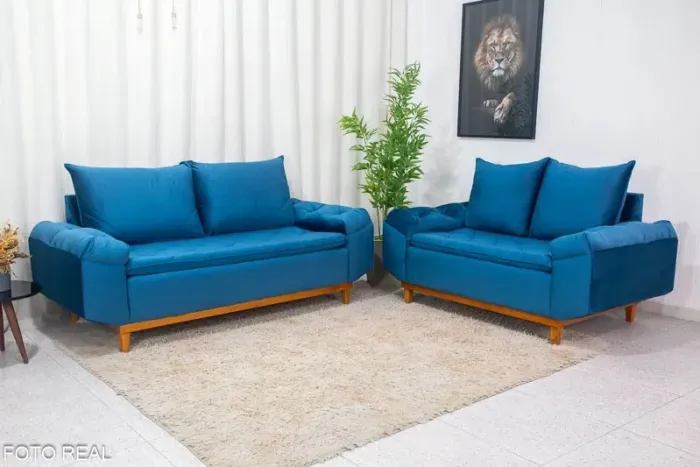 Sofá 3 e 2 lugares Bélgica Veludo Azul rf65