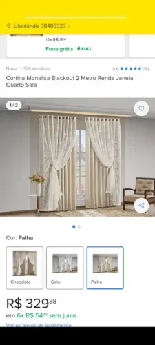 Cortina Monalisa Blackout 2 Metros Renda - Quarto/Sala - Palha