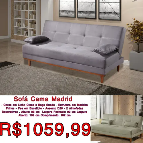Sofá cama Madrid 1.82m / 2 cores disponíveis / frete grátis / pague na entrega