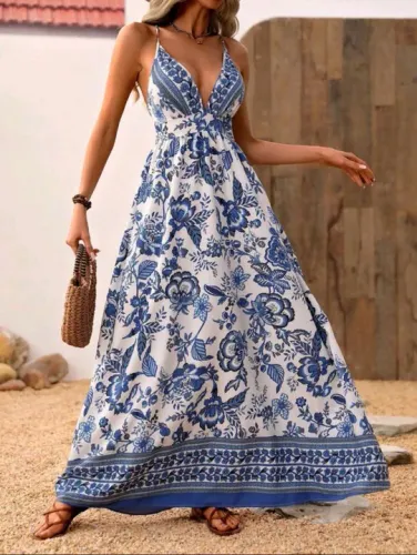 Vestido Longo Floral Azul e Branco