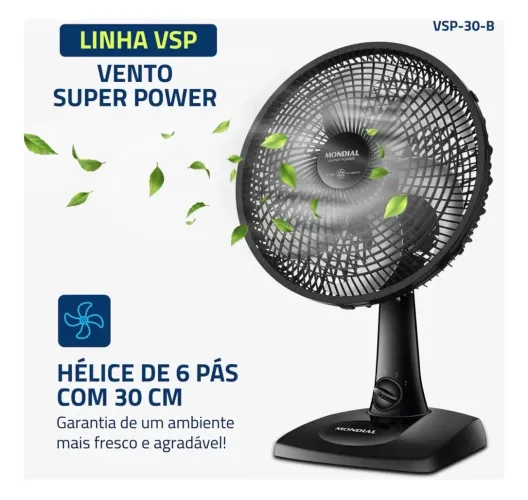 Ventilador de Mesa 30cm Super Power Mondial 60W VSP-30-B
