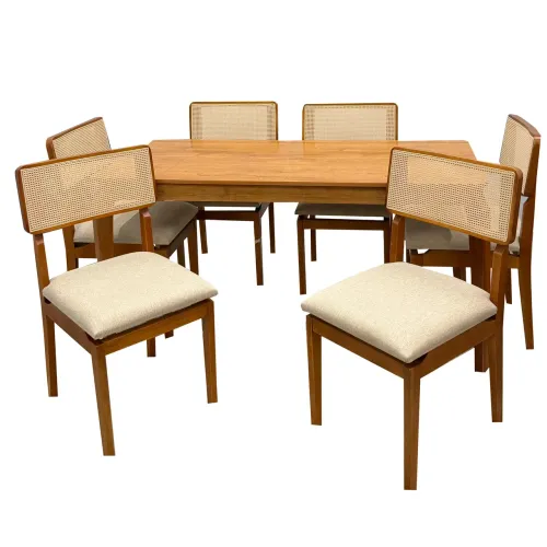 Mesa de Jantar Alegra 180x90cm Cadeiras Canada em Linho Madeira / pronta entrega