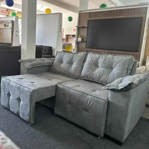 Sofá Retrátil e Reclinável 5 Lugares com Chaise e Puff Estofado