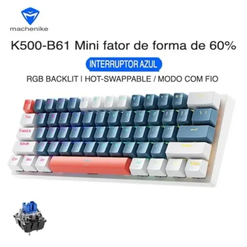  Teclado Mecânico Machenike K500-B61 60% RGB 61 Teclas Gamer USB Retroiluminado