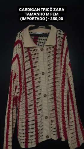 Cardigan de Tricô Zara Importado Off-White e Vermelho - Tam M Fem