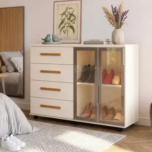 Cômoda Sapateira Lady com Led 4 Gavetas 2 Portas Reflecta J e a