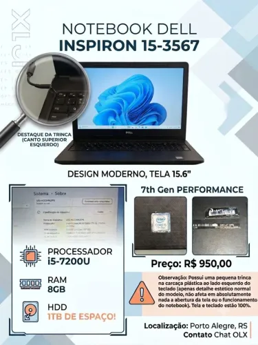 Notebook Dell Inspiron 15 Core i5 7ª Ger - 8GB RAM - 1TB HD - Windows 11