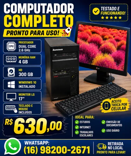 COMPUTADOR DUAL CORE 2.6GHZ COM 4 DE MEMORIA RAM 300 GB HD