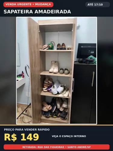 Sapateira Amadeirada 2 Portas com Prateleiras 99,99 - Mudança Urgente
