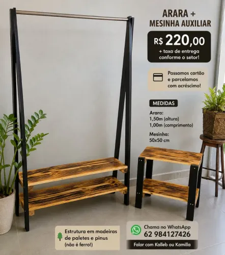 Arara de roupas e mesinha auxiliar em madeiras de paletes e pinus!