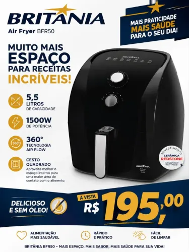 Fritadeira Air Fryer Britânia 5,5L 1500W 220v