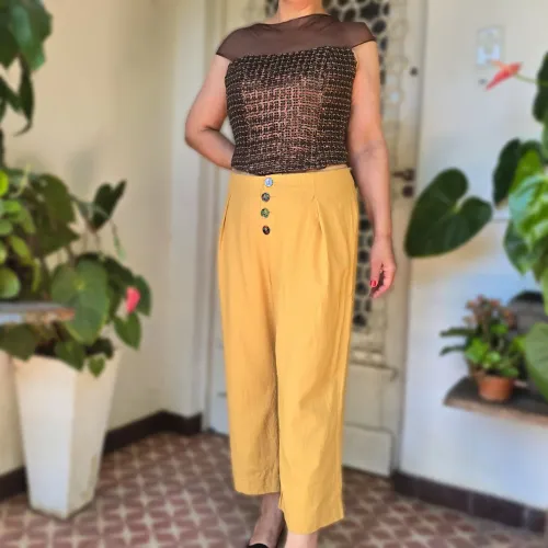 Calça linho mostarda G