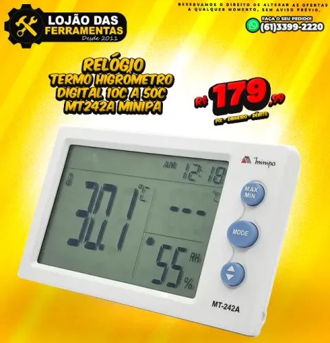 Relógio Termo Higrômetro Digital 10C a 50C Mt242a Minipa