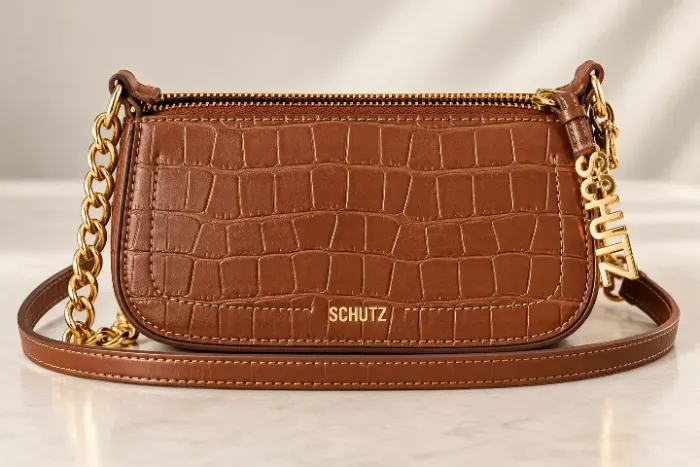 Bolsa Schutz Café Croco com Corrente e Detalhes Dourados