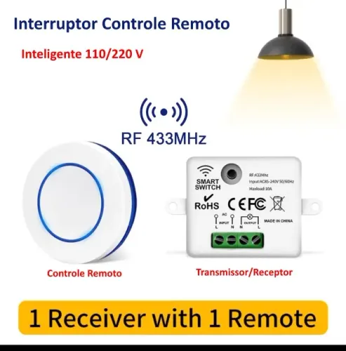 Interruptor Controle Remoto Inteligente 433MHz Sem Fio 110/220V Transmissor/Receptor